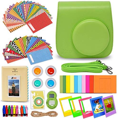  HeroFiber Xtech FujiFilm Instax Mini 9/8 GREEN Accessories Kit with Green Camera Case with Strap + Photo Album + Colorful Frames + Sticker Frames + Large Selfie Mirror + 4 Colorful Filters +