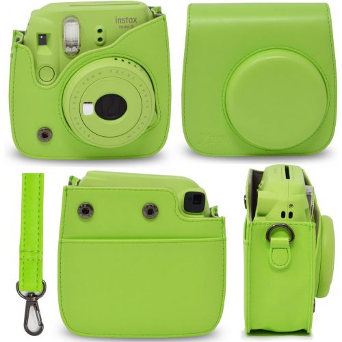  HeroFiber Xtech FujiFilm Instax Mini 9/8 GREEN Accessories Kit with Green Camera Case with Strap + Photo Album + Colorful Frames + Sticker Frames + Large Selfie Mirror + 4 Colorful Filters +