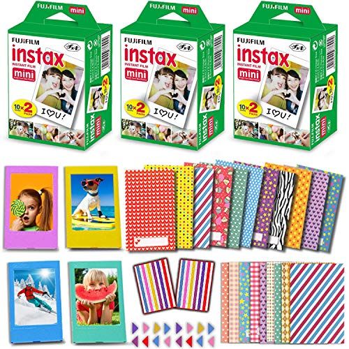  HeroFiber Fujifilm Instax Mini Film (3 Twin Packs, 60 Photo Sheets) for Fuji Instant Mini 11 9 8 Camera + 60 Colorful Sticker Frames + 5 Desk Frames + Accessories Bundle Kit