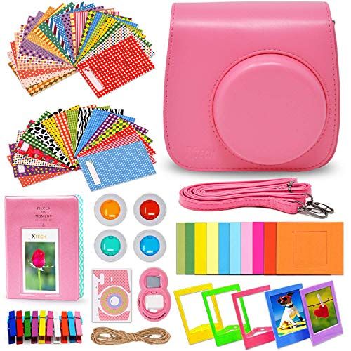  HeroFiber Xtech FujiFilm Instax Mini 9/8 Flamingo PINK Accessories Kit with Flamingo Pink Camera Case with Strap + Photo Album + Colorful Frames + Sticker Frames + Large Selfie Mirror + 4 Co