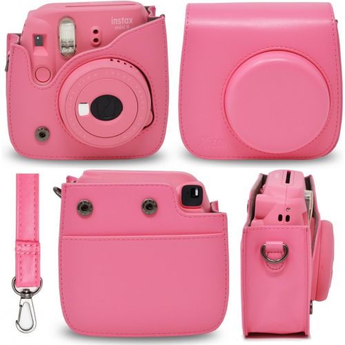  HeroFiber Xtech FujiFilm Instax Mini 9/8 Flamingo PINK Accessories Kit with Flamingo Pink Camera Case with Strap + Photo Album + Colorful Frames + Sticker Frames + Large Selfie Mirror + 4 Co