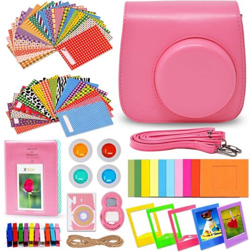  HeroFiber Xtech FujiFilm Instax Mini 9/8 Flamingo PINK Accessories Kit with Flamingo Pink Camera Case with Strap + Photo Album + Colorful Frames + Sticker Frames + Large Selfie Mirror + 4 Co