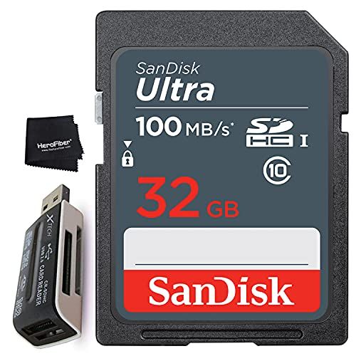  HeroFiber SanDisk 32GB Ultra Class 10 SDXC UHS-I SD Memory Card for Nikon D780 Z50 Z7 Z6 D850 D750 D500 D810 D610 D3500 D3400 D3300 D3200 D5600 D5500 D5300 D5300 D7500 D7200 DSLR Camera + Ac