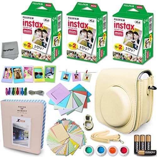  HeroFiber Xtech WHITE Accessories Kit for Fuji FujiFilm Instax Mini 8 Cameras includes: 60 Instax Film + Custom Fitted Case for Fuji Mini 8 Cameras + Assorted Stickers  Paper Frames + Photo