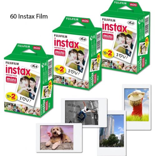  HeroFiber Xtech WHITE Accessories Kit for Fuji FujiFilm Instax Mini 8 Cameras includes: 60 Instax Film + Custom Fitted Case for Fuji Mini 8 Cameras + Assorted Stickers  Paper Frames + Photo