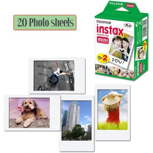  HeroFiber FujiFilm Instax Mini 9 Instant Camera LIME GREEN + Fuji Instax Film (20 Sheets) + EMOJI Print Hard Clear Case + 20 EMOJI Sticker Frames + Rainbow NeckShoulder Strap