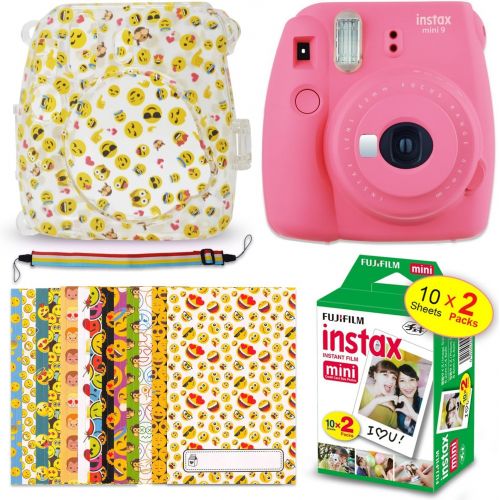  HeroFiber FujiFilm Instax Mini 9 Instant Camera LIME GREEN + Fuji Instax Film (20 Sheets) + EMOJI Print Hard Clear Case + 20 EMOJI Sticker Frames + Rainbow NeckShoulder Strap