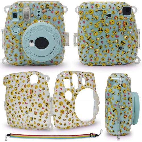 후지필름 HeroFiber FujiFilm Instax Mini 9 Instant Camera Cobalt Blue + Fuji Instax Film (20 Sheets) + Emoji Print Hard Clear Case + 20 Emoji Sticker Frames + Rainbow NeckShoulder Strap