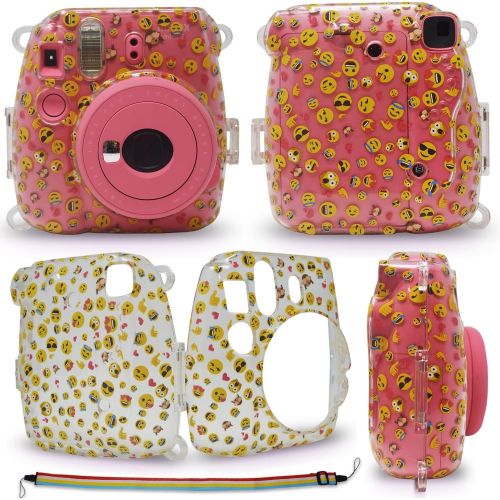  HeroFiber FujiFilm Instax Mini 9 Instant Camera Flamingo Pink + Fuji Instax Film (20 Sheets) + Emoji Print Hard Clear Case + 20 Emoji Sticker Frames + Rainbow NeckShoulder Strap