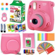 HeroFiber FujiFilm Instax Mini 9 Instant Camera Flamingo Pink + Fuji INSTAX Film (20 Sheets) + Custom Camera Case + Instax Album + 60 Colorful Stickers + 20 Emoji Stickers + Fun Frames + Col
