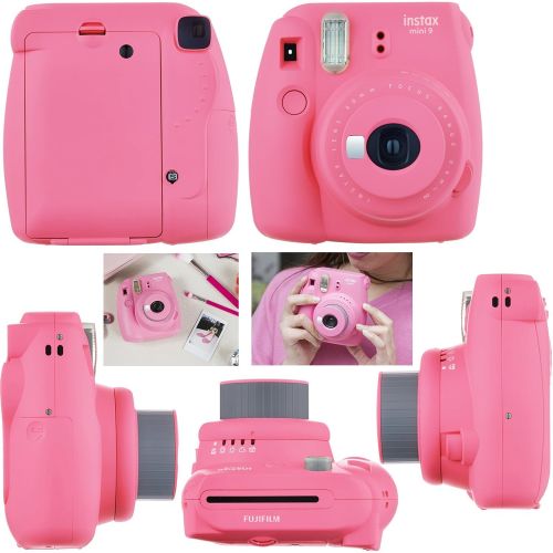  HeroFiber FujiFilm Instax Mini 9 Instant Camera Flamingo Pink + Fuji INSTAX Film (20 Sheets) + Custom Camera Case + Instax Album + 60 Colorful Stickers + 20 Emoji Stickers + Fun Frames + Col