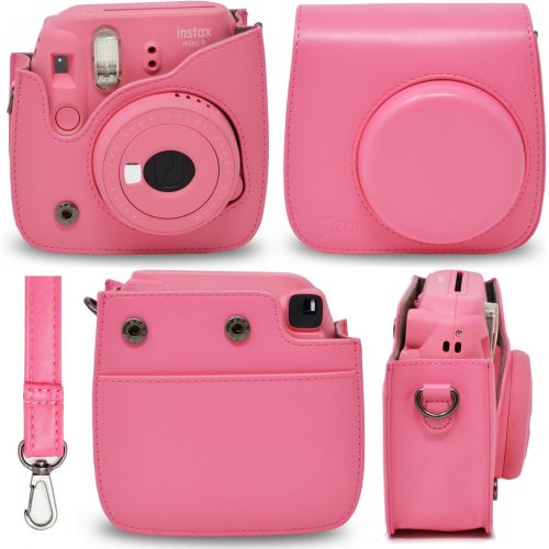  HeroFiber Fujifilm Instax Mini 9 Instant Fuji Camera (Flamingo Pink) + Accessories Bundle + Custom Matching Case wNeck Strap + Photo Album + Assorted Frames + 4 Color Filters + 60 Sticker F