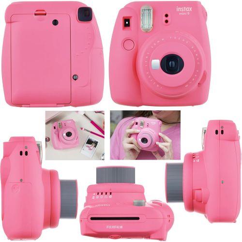  HeroFiber Fujifilm Instax Mini 9 Instant Fuji Camera (Flamingo Pink) + Accessories Bundle + Custom Matching Case wNeck Strap + Photo Album + Assorted Frames + 4 Color Filters + 60 Sticker F