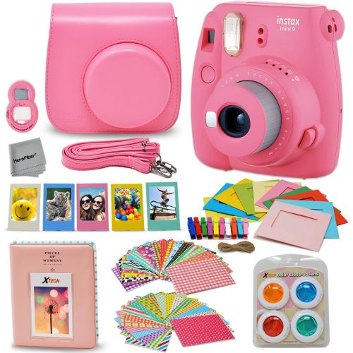  HeroFiber Fujifilm Instax Mini 9 Instant Fuji Camera (Flamingo Pink) + Accessories Bundle + Custom Matching Case wNeck Strap + Photo Album + Assorted Frames + 4 Color Filters + 60 Sticker F