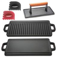 HeroFiber Cast Iron Griddle with Accessories Includes Reversible Cast Iron Griddle/Grill (20” x 9 1/2”), Cast Iron Grill Press (4” x 8”), And Two Durable Grill Pan Scrapers (red And black wi