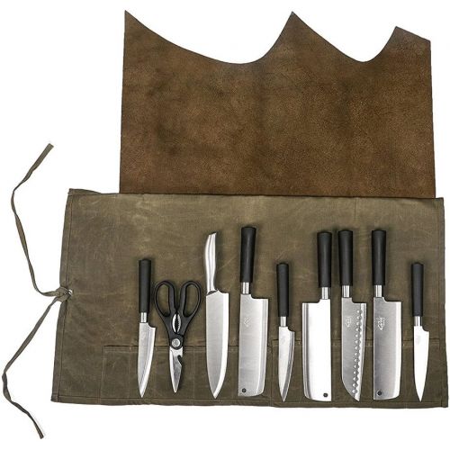  Hersent Genuine Leather Chefs Knife Roll Cases Waxed Canvas Knives Roll Bag Waterproof Multi Purpose Application & Compact for Portable HGJ03-H