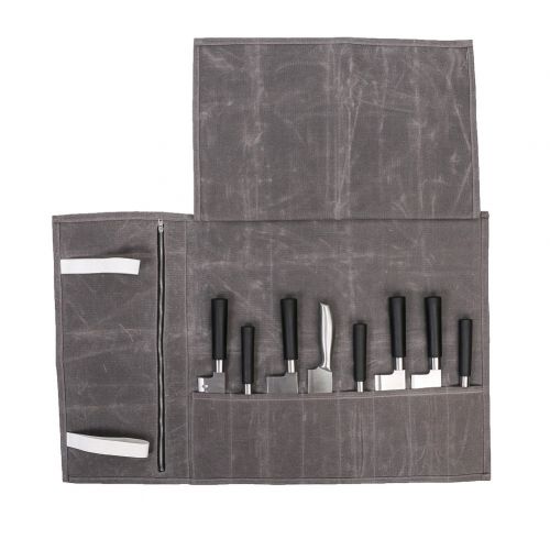 Hersent Waterproof Waxed Canvas Chefs Knife Roll Up Storage Bag with 8 Slots Portable Travel Chef Knife Case Carrier Stores Up 8 Knives Plus a Zipper Pocket for Kitchen Utensils HG