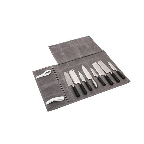  Hersent Waterproof Waxed Canvas Chefs Knife Roll Up Storage Bag with 8 Slots Portable Travel Chef Knife Case Carrier Stores Up 8 Knives Plus a Zipper Pocket for Kitchen Utensils HG