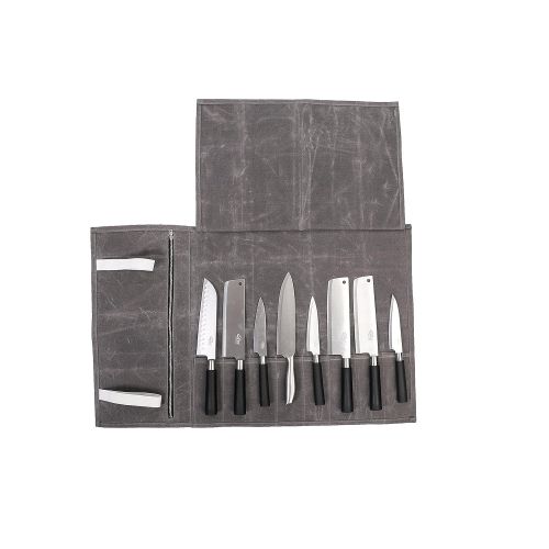  Hersent Waterproof Waxed Canvas Chefs Knife Roll Up Storage Bag with 8 Slots Portable Travel Chef Knife Case Carrier Stores Up 8 Knives Plus a Zipper Pocket for Kitchen Utensils HG