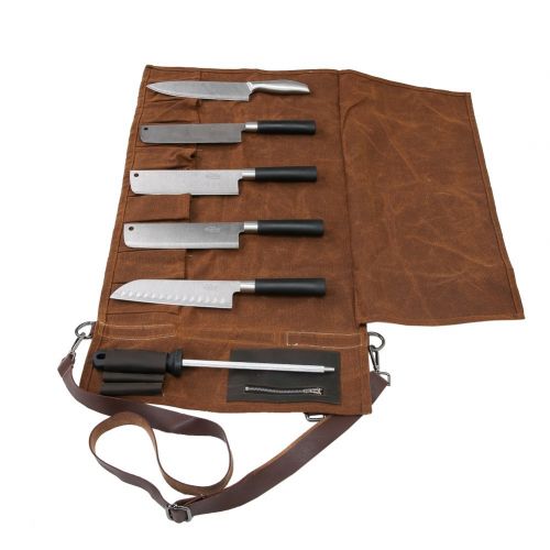  Hersent 16 Oz Waxed Canvas Chefs Knife Roll Up Storage Bag Waterproof Multi Purpose Knife Tote Bag with 10 Slots 3 Kitchen Utensils & 1 Zipper Pocket - Easily Carried Handle & Adjustable S
