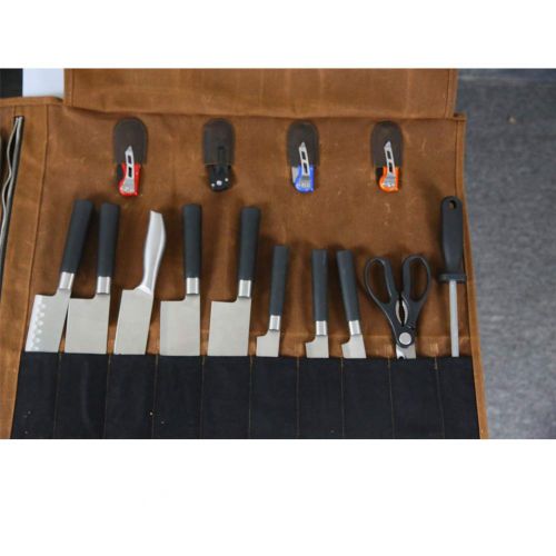  Hersent Multi-Purpose 15 Pockets Waxed Canvas Kitchen Travel Knife Holder Waterproof Chef’s Knife Roll Up Wrap Protectors Silverware Case Storage Tote Pouch For Barbecuing Camping(HGJ17-I)