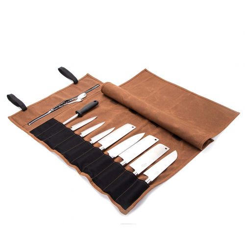  Hersent Multi-Purpose 15 Pockets Waxed Canvas Kitchen Travel Knife Holder Waterproof Chef’s Knife Roll Up Wrap Protectors Silverware Case Storage Tote Pouch For Barbecuing Camping(HGJ17-I)