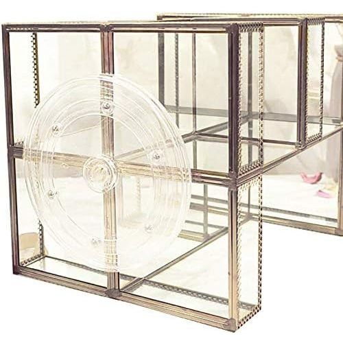  Hersoo 360 Degree Rotation Makeup Organizer Antique Countertop Cosmetic Storage Box Mirror Glass Beauty Display, Gold Spin Large Capacity Holder for Brushes Lipsticks Skincare Toner