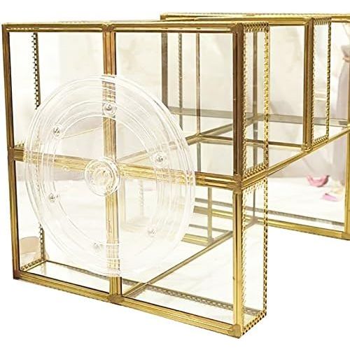  Hersoo 360 Degree Rotation Makeup Organizer Antique Countertop Cosmetic Storage Box Mirror Glass Beauty Display, Gold Spin Large Capacity Holder for Brushes Lipsticks Skincare Toner