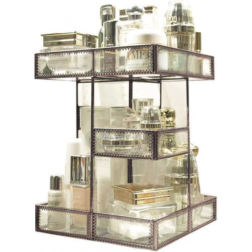  Hersoo 360 Degree Rotation Makeup Organizer Antique Countertop Cosmetic Storage Box Mirror Glass Beauty Display, Gold Spin Large Capacity Holder for Brushes Lipsticks Skincare Toner