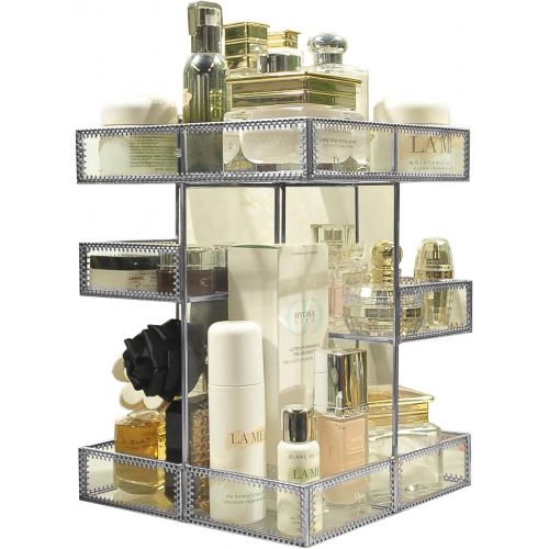  Hersoo 360 Degree Rotation Makeup Organizer Antique Countertop Cosmetic Storage Box Mirror Glass Beauty Display, Gold Spin Large Capacity Holder for Brushes Lipsticks Skincare Toner