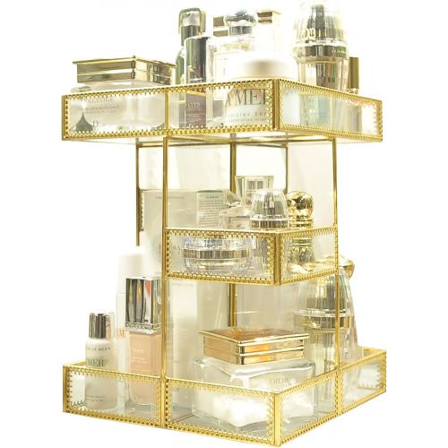  Hersoo 360 Degree Rotation Makeup Organizer Antique Countertop Cosmetic Storage Box Mirror Glass Beauty Display, Gold Spin Large Capacity Holder for Brushes Lipsticks Skincare Toner