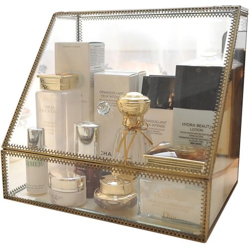  Hersoo Clear Glass Makeup Organizer Spacious Display Case Mirrored Cosmetic Storage for MakeupJewelry BrushesPerfumesSkincare Large Holder for Counter top with Front Open Lid Non-Acry