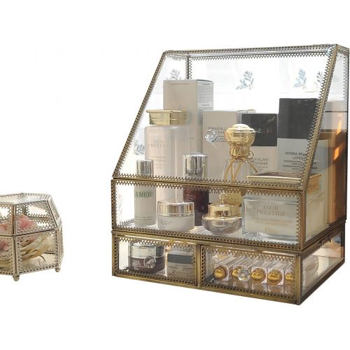  Hersoo Clear Glass Makeup Organizer Spacious Display Case Mirrored Cosmetic Storage for MakeupJewelry BrushesPerfumesSkincare Large Holder for Counter top with Front Open Lid Non-Acry