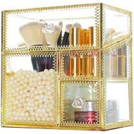Hersoo Antique Handmade Makeup Organizer Vintage Mirror Glass Brush Holder Cosmetic Storage Makeup Vanity Dresser Decoration Jewelry Box Make up Brushes 3Compartments with Free White Pear