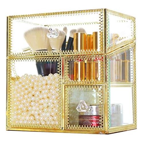  Hersoo Antique Handmade Makeup Organizer Vintage Mirror Glass Brush Holder Cosmetic Storage Makeup Vanity Dresser Decoration Jewelry Box Make up Brushes 3Compartments with Free White Pear