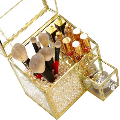  Hersoo Antique Handmade Makeup Organizer Vintage Mirror Glass Brush Holder Cosmetic Storage Makeup Vanity Dresser Decoration Jewelry Box Make up Brushes 3Compartments with Free White Pear