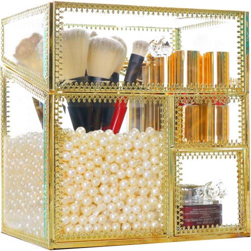  Hersoo Antique Handmade Makeup Organizer Vintage Mirror Glass Brush Holder Cosmetic Storage Makeup Vanity Dresser Decoration Jewelry Box Make up Brushes 3Compartments with Free White Pear