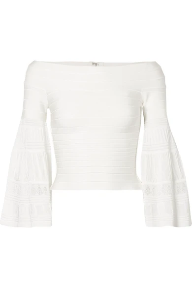 Herve Leger Off-the-shoulder textured knit-paneled bandage top