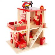 Hey! Play! Fire Station Playset- Wooden Firehouse, Truck, Helicopter & 16 More Fun Firefighting Accessories, 3-Level Pretend Play Dollhouse