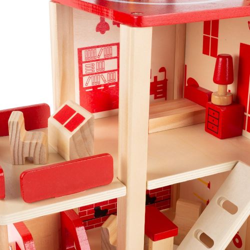  Hey! Play! Fire Station Playset- Wooden Firehouse, Truck, Helicopter & 16 More Fun Firefighting Accessories, 3-Level Pretend Play Dollhouse