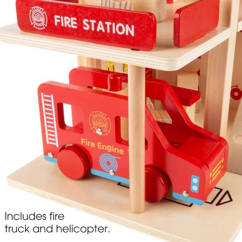  Hey! Play! Fire Station Playset- Wooden Firehouse, Truck, Helicopter & 16 More Fun Firefighting Accessories, 3-Level Pretend Play Dollhouse