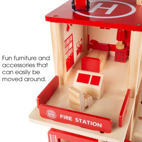  Hey! Play! Fire Station Playset- Wooden Firehouse, Truck, Helicopter & 16 More Fun Firefighting Accessories, 3-Level Pretend Play Dollhouse