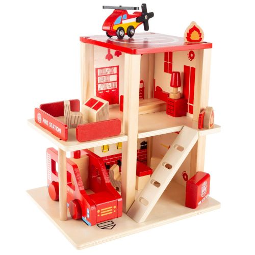  Hey! Play! Fire Station Playset- Wooden Firehouse, Truck, Helicopter & 16 More Fun Firefighting Accessories, 3-Level Pretend Play Dollhouse