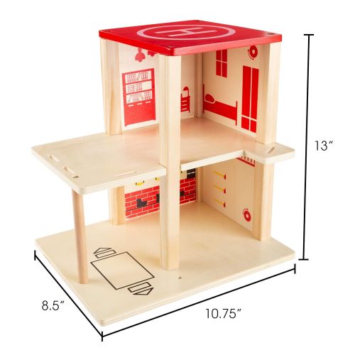  Hey! Play! Fire Station Playset- Wooden Firehouse, Truck, Helicopter & 16 More Fun Firefighting Accessories, 3-Level Pretend Play Dollhouse