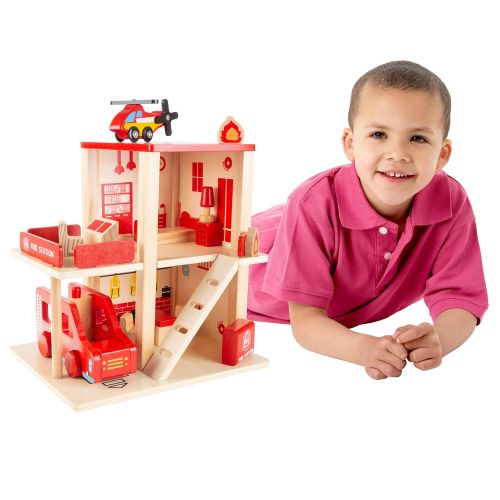  Hey! Play! Fire Station Playset- Wooden Firehouse, Truck, Helicopter & 16 More Fun Firefighting Accessories, 3-Level Pretend Play Dollhouse