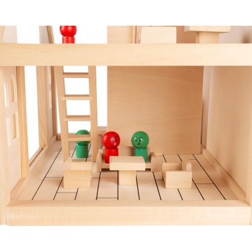  Hey! Play! Dollhouse for Kids  Classic Pretend Play 2 Story Wood Playset with Furniture Accessories & Dolls for Toddlers, Boys & Girls