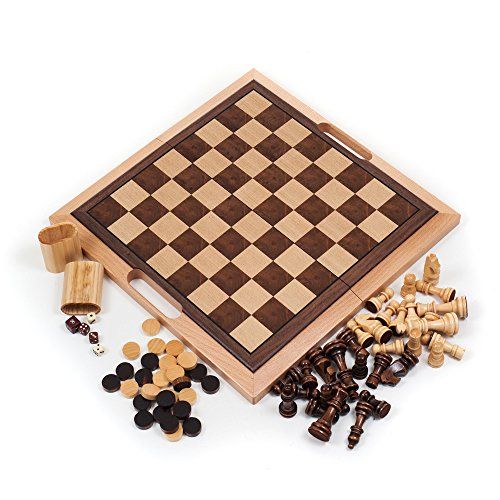  Trademark Games Hey! Play! Deluxe Wooden Chess, Checker and Backgammon Set, Brown