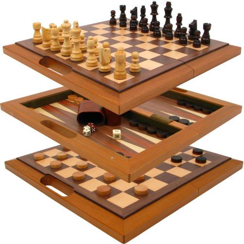  Trademark Games Hey! Play! Deluxe Wooden Chess, Checker and Backgammon Set, Brown