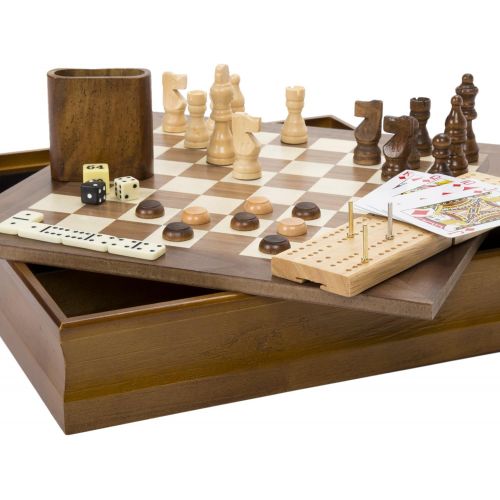  Hey! Play! 7-in-1 Classic Wooden Board Game Set  Old Fashioned Family Game Night Cards, Dice, Chess, Checkers, Backgammon, Dominoes and Cribbage