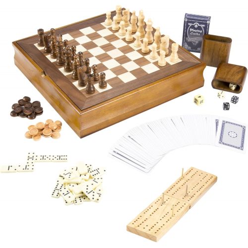  Hey! Play! 7-in-1 Classic Wooden Board Game Set  Old Fashioned Family Game Night Cards, Dice, Chess, Checkers, Backgammon, Dominoes and Cribbage